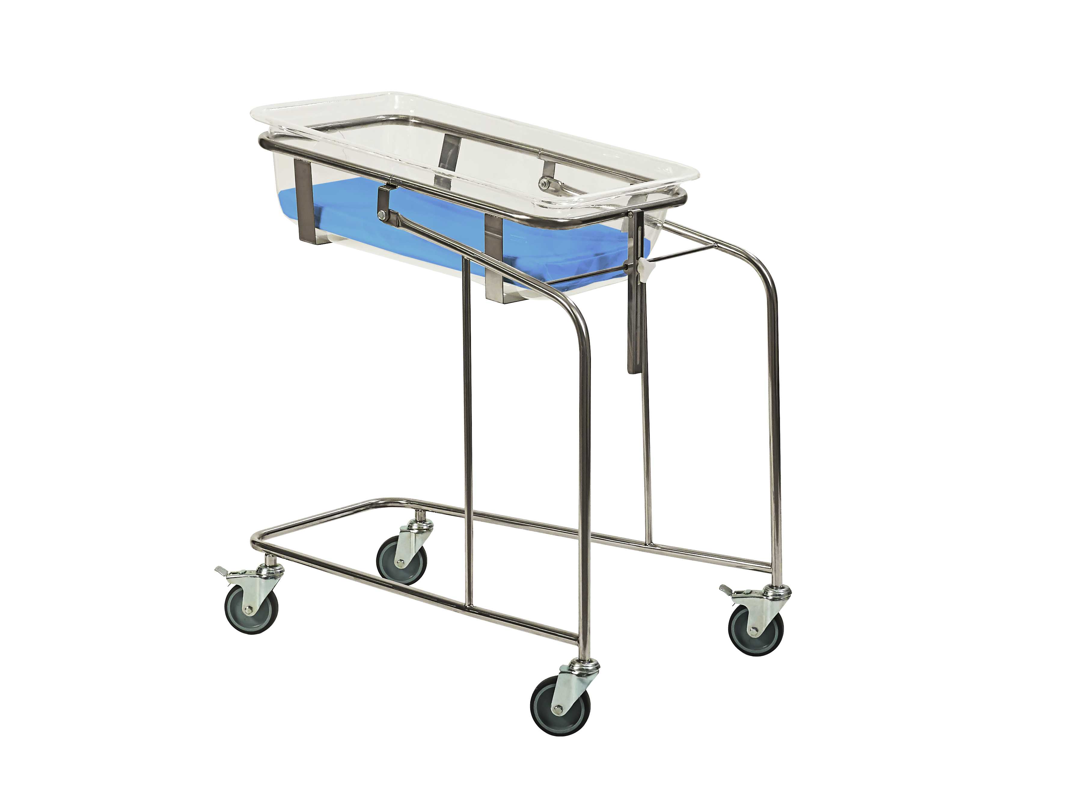 Кровать-тележка для новорожденных КТН-01-МСК из нержавеющей стали, с пластиковым кувезом, с подвижным ложем, в комплекте с матрацем (код МСК-5130)